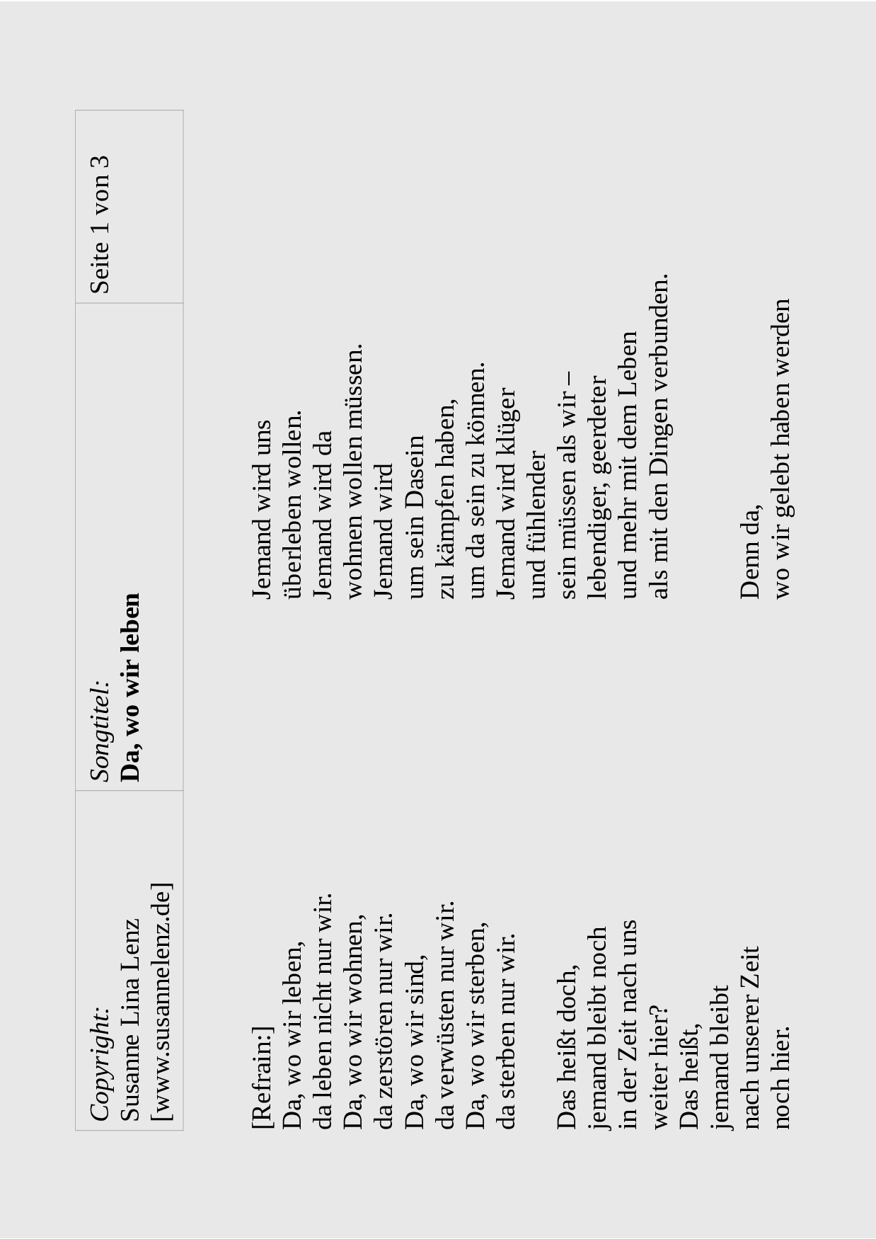 Songtext Da, wo wir leben von Susanne Lenz