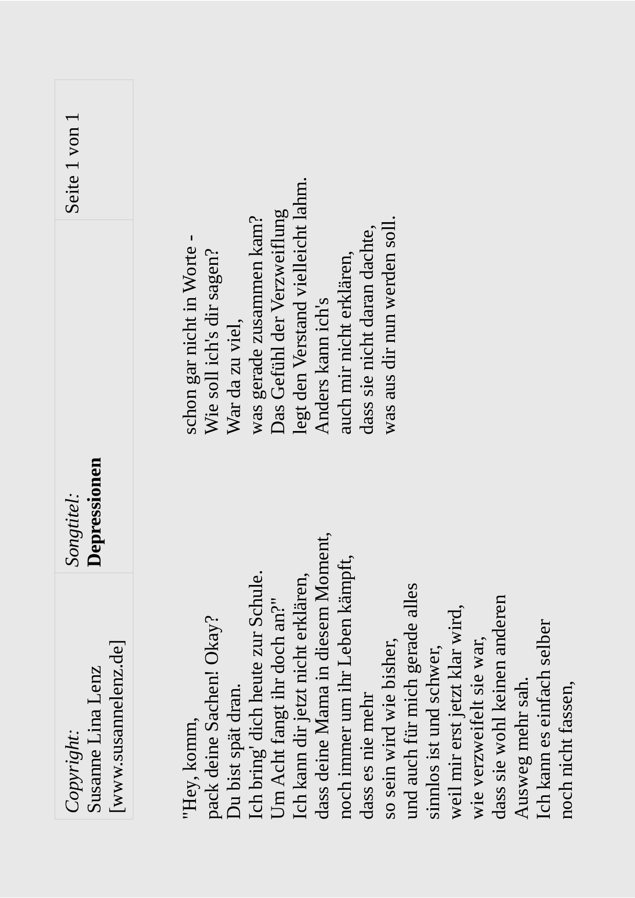 Songtext Depressionen von Susanne Lenz