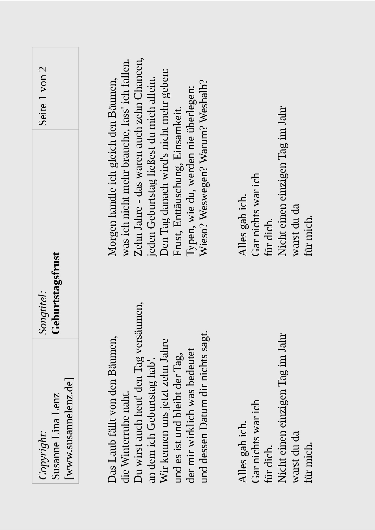 Songtext Geburtstagsfrust von Susanne Lenz