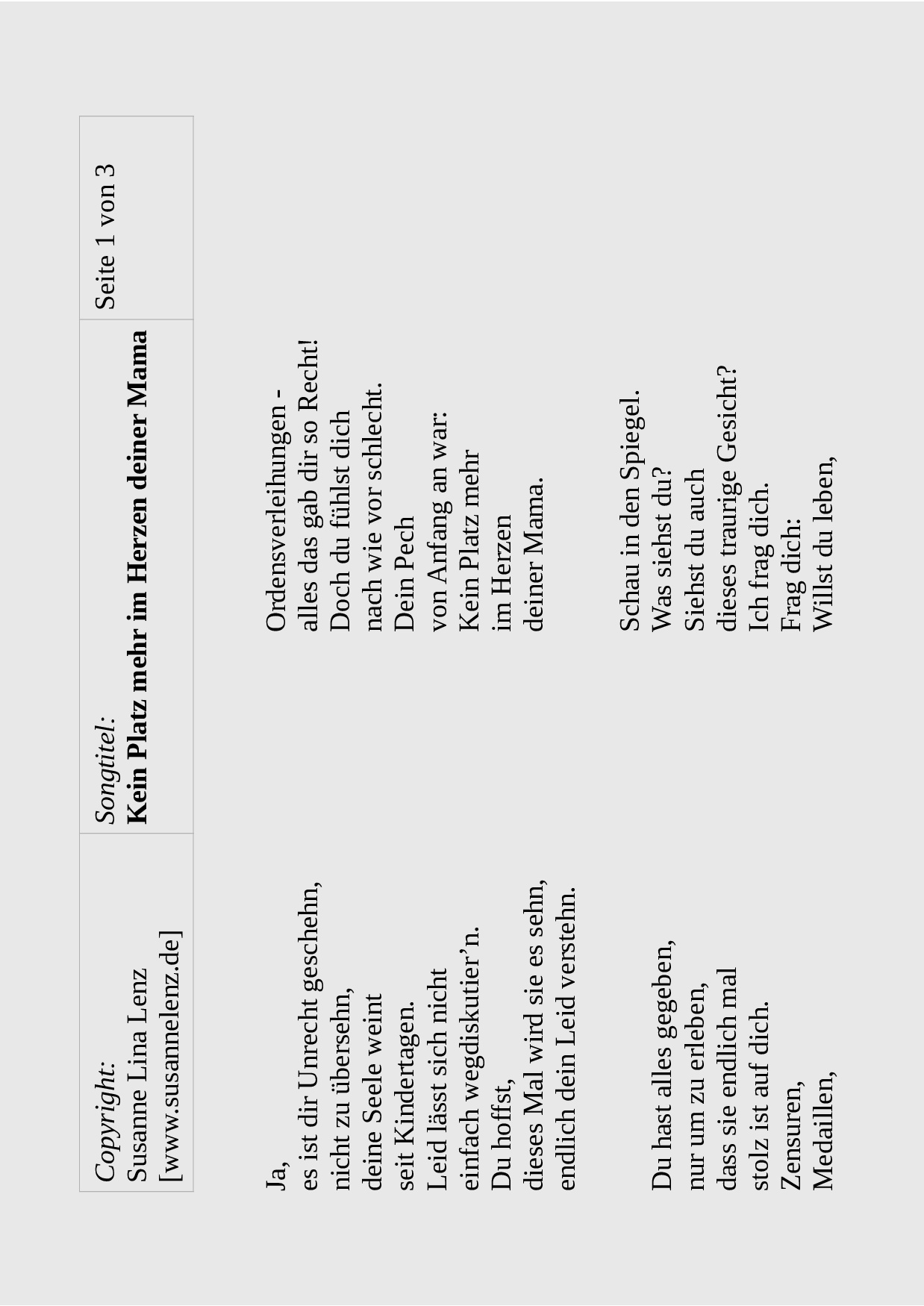 Songtext Kein Platz mehr im Herzen deiner Mama von Susanne Lenz