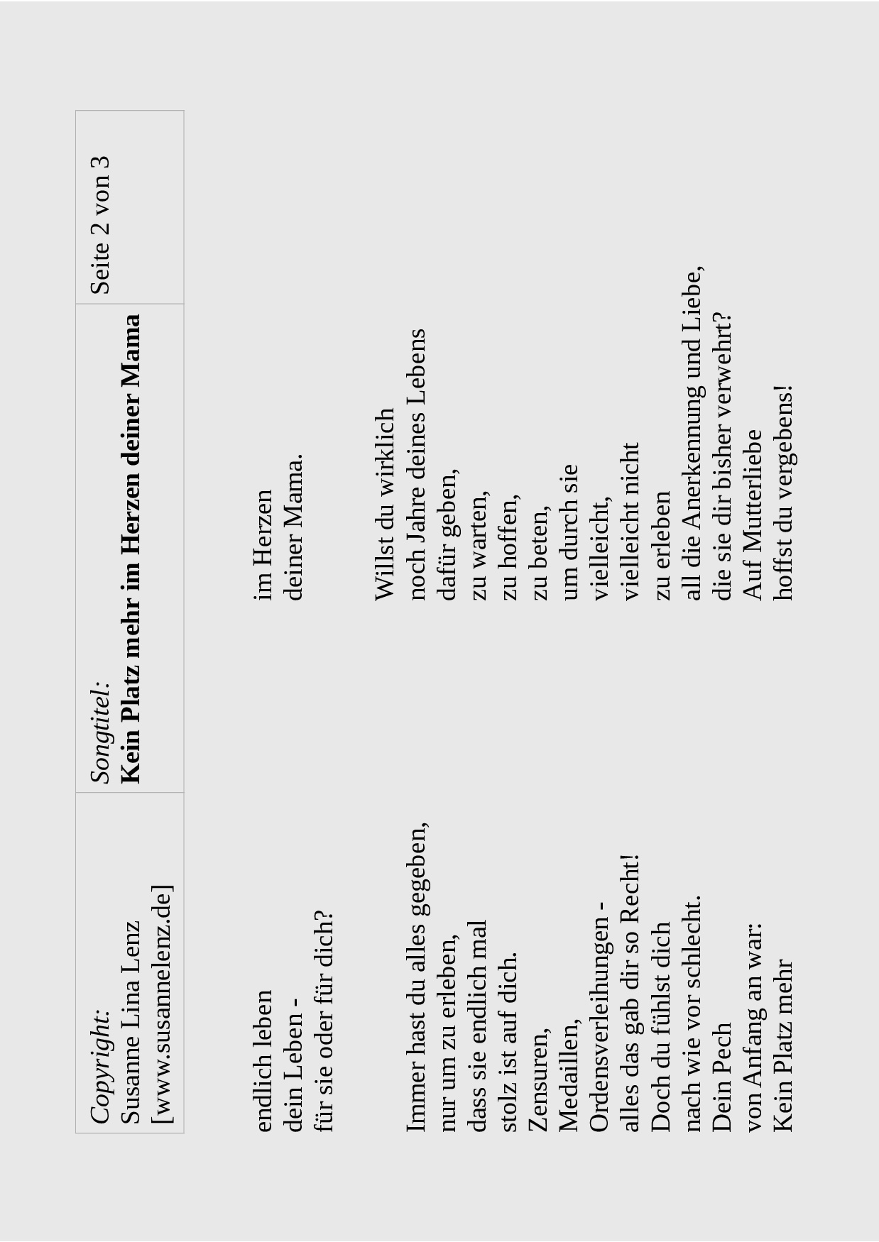 Songtext Kein Platz mehr im Herzen deiner Mama von Susanne Lenz