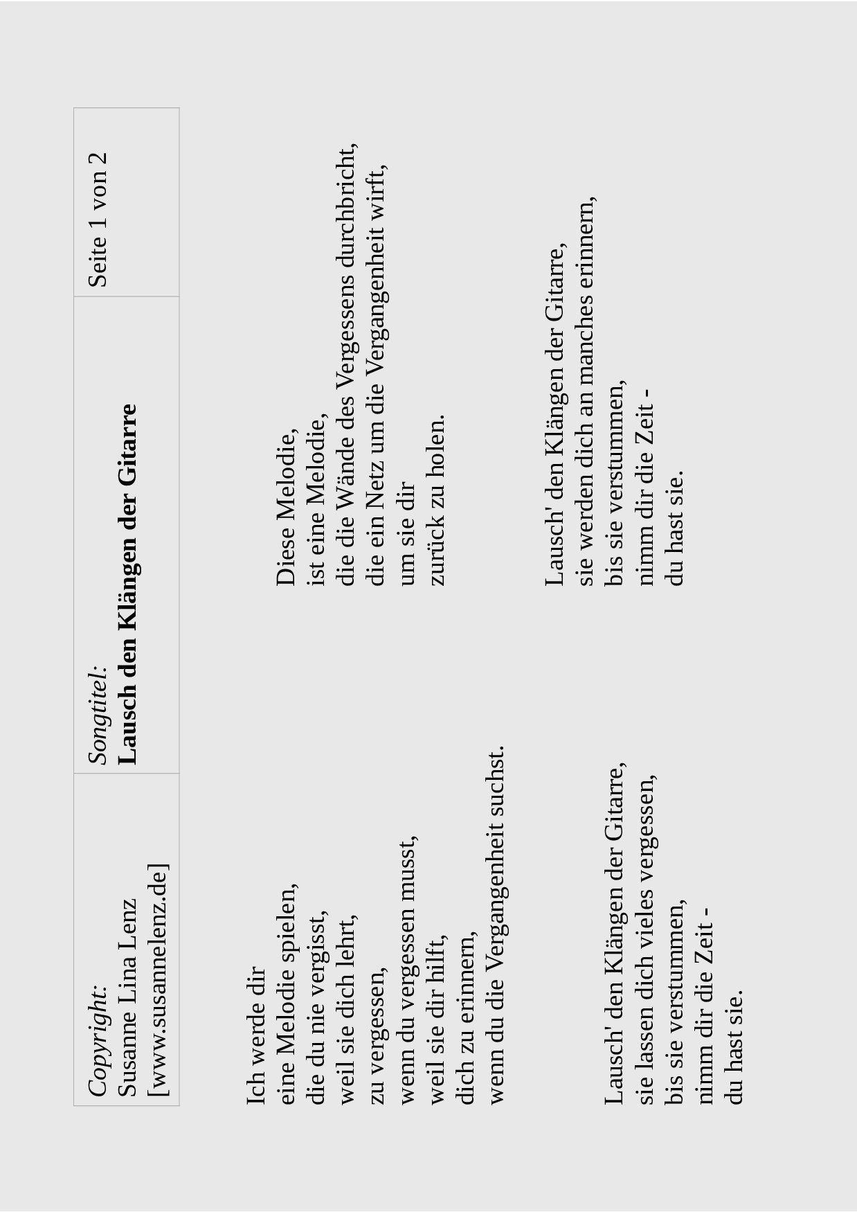 Songtext Lausch den Klaengen der Gitarre von Susanne Lenz