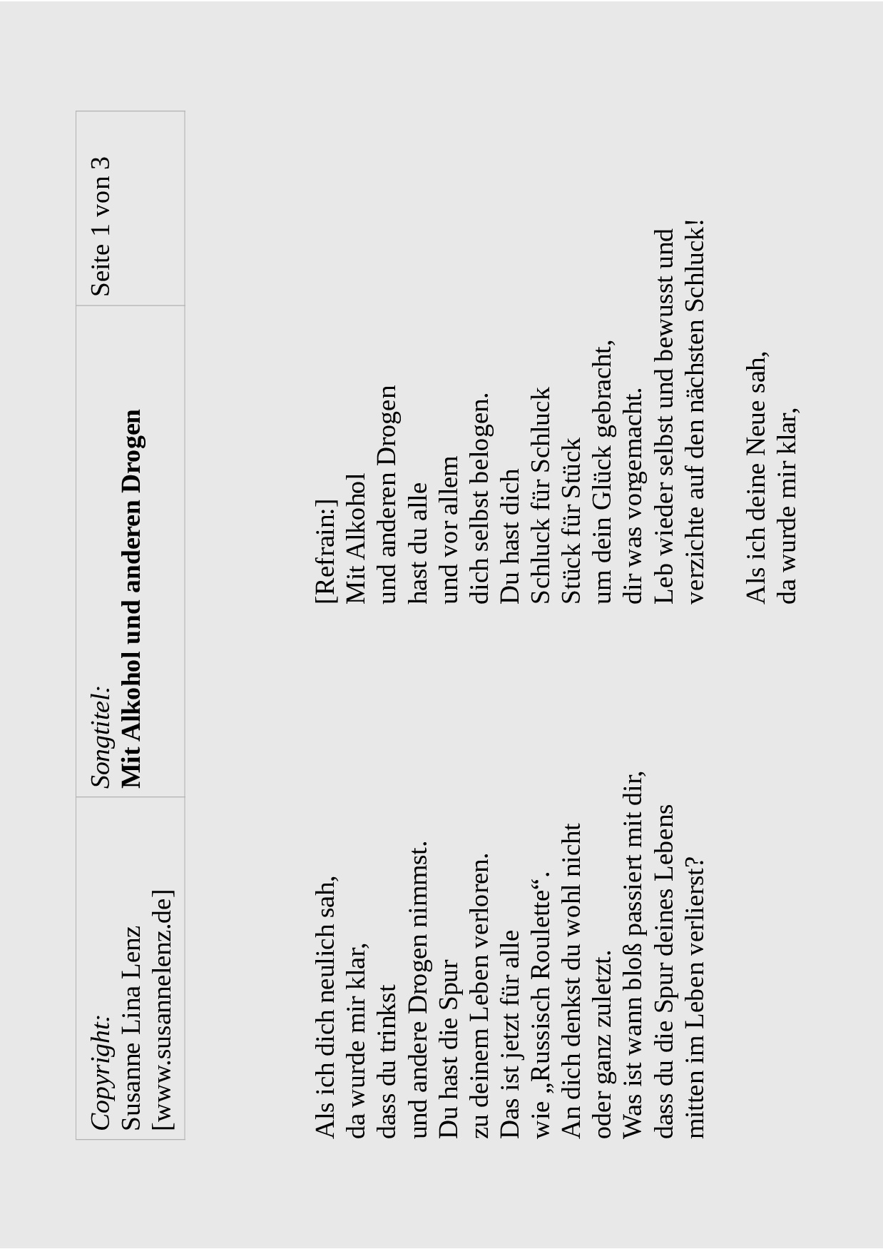 Songtext Mit Alkohol und anderen Drogen von Susanne Lenz