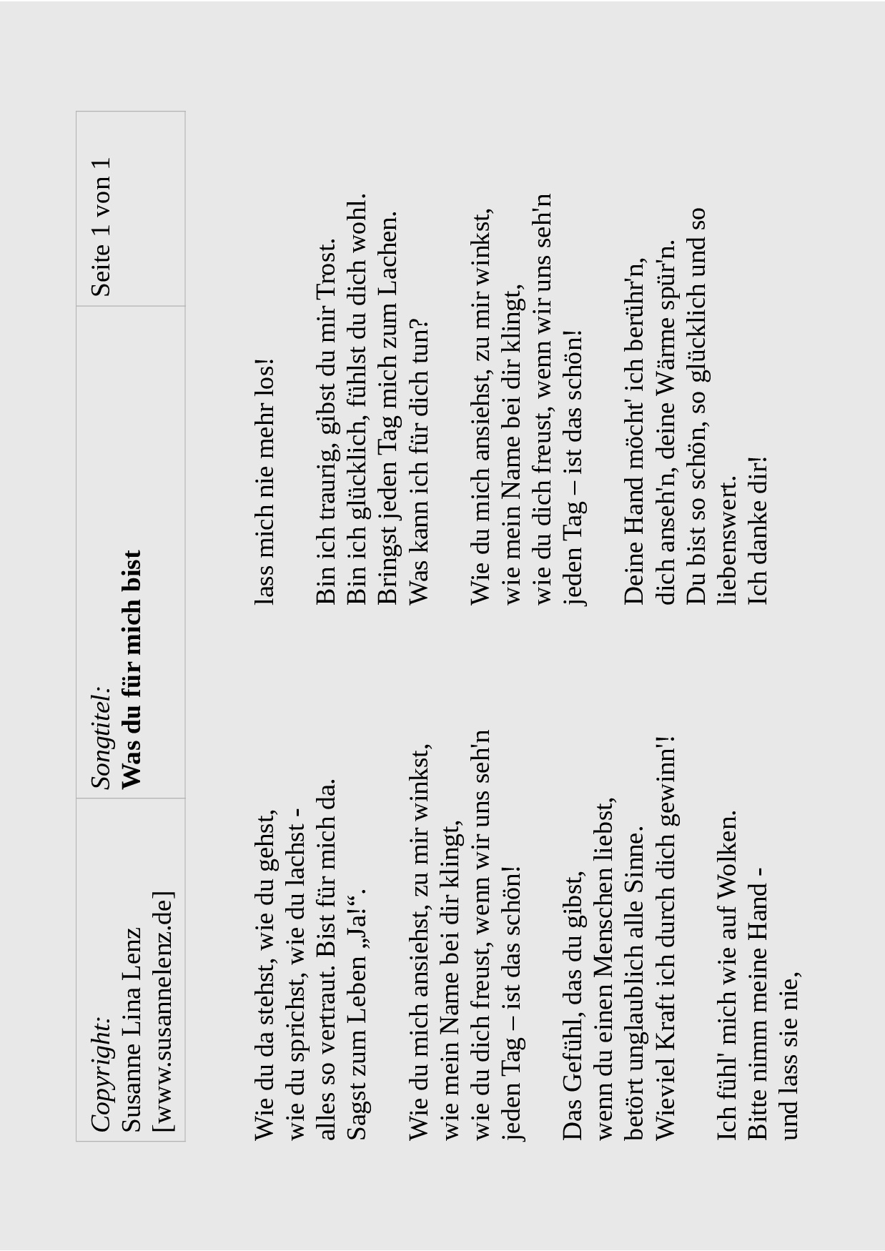 Songtext Was du fuer mich bist von Susanne Lenz