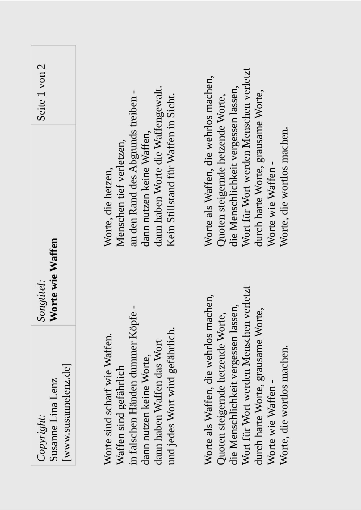 Songtext Worte wie Waffen von Susanne Lenz