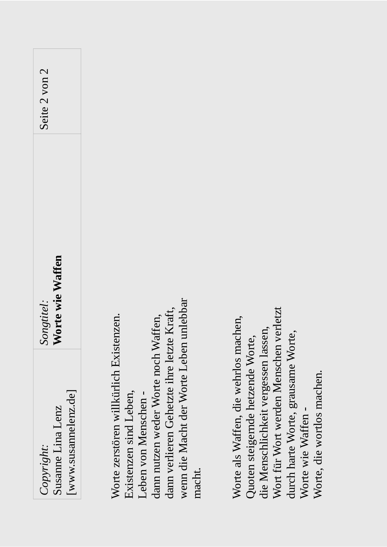 Songtext Worte wie Waffen von Susanne Lenz